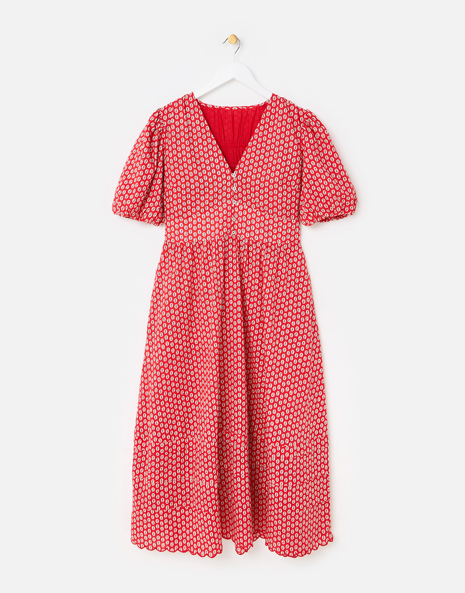 Red Ditsy Floral V-Neck Puff Sleeve Midi Dress